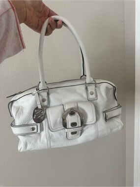 Anne Klein White Leather Large Baguette Handbag with Silver Hardware